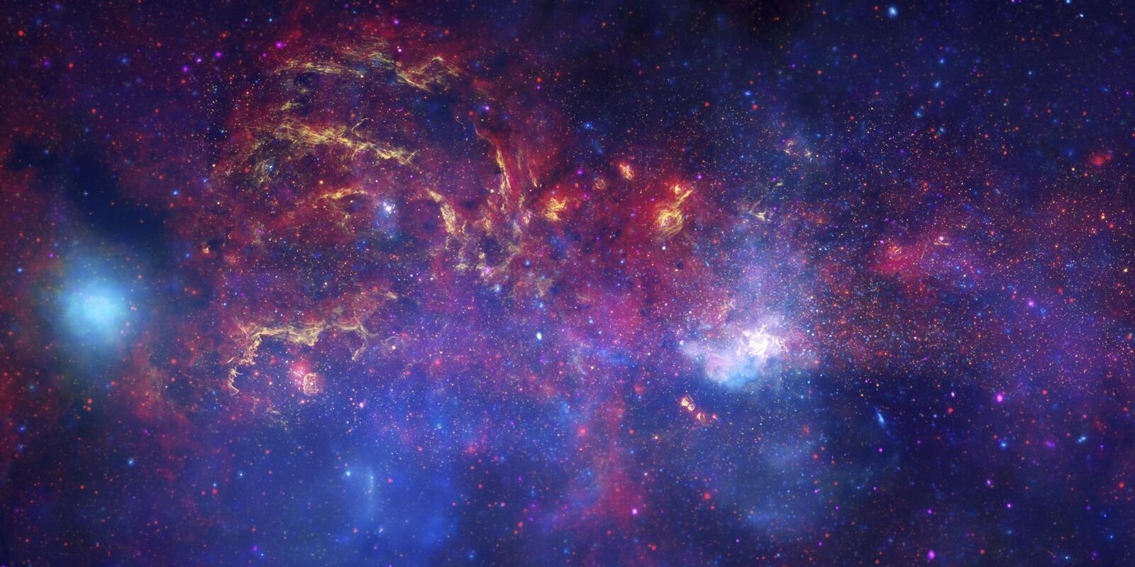 O centro da Via Láctea em roxo, azul e dourado, com nuvens de gás e muitas estrelas