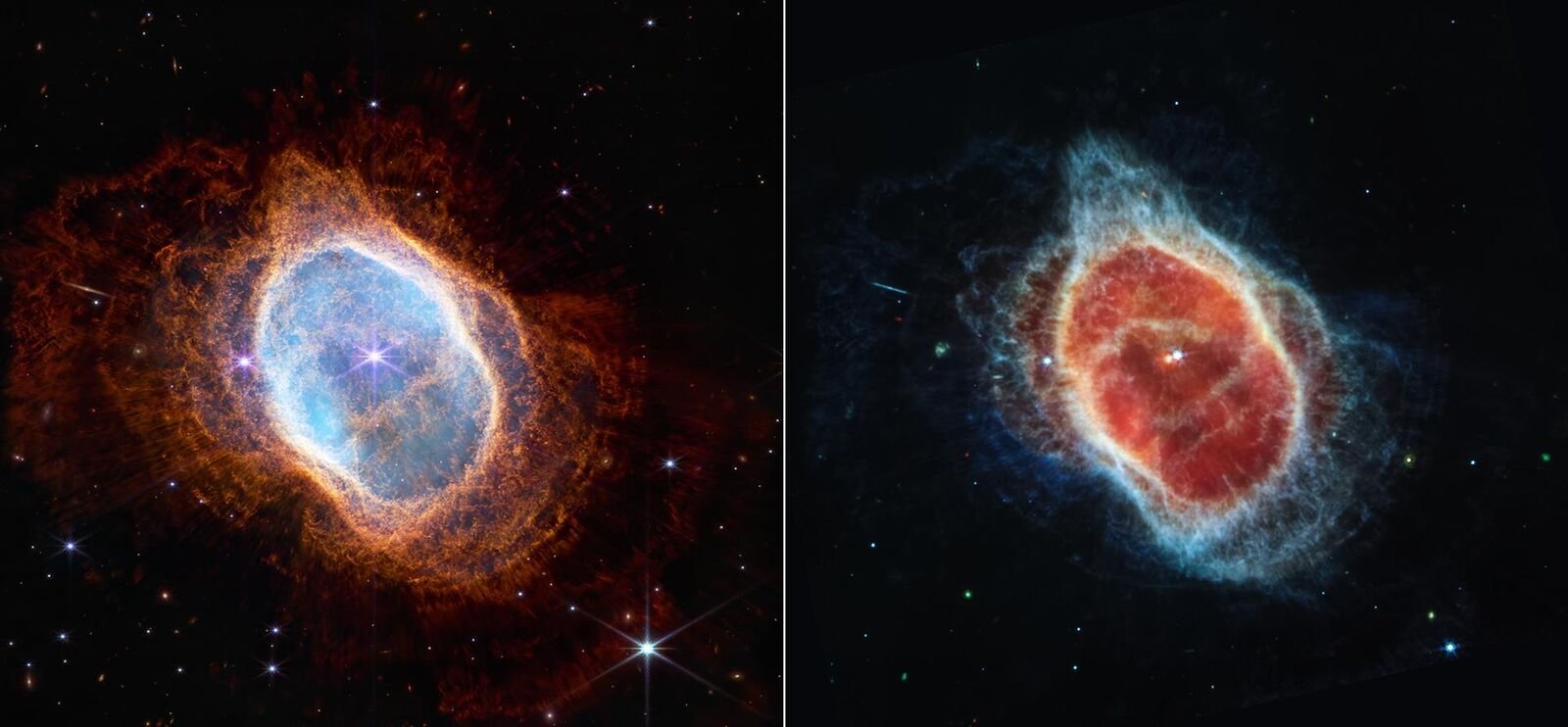 Nebulosa do Anel Sul observada pelo Telescópio Webb em dois tipos de luz infravermelha